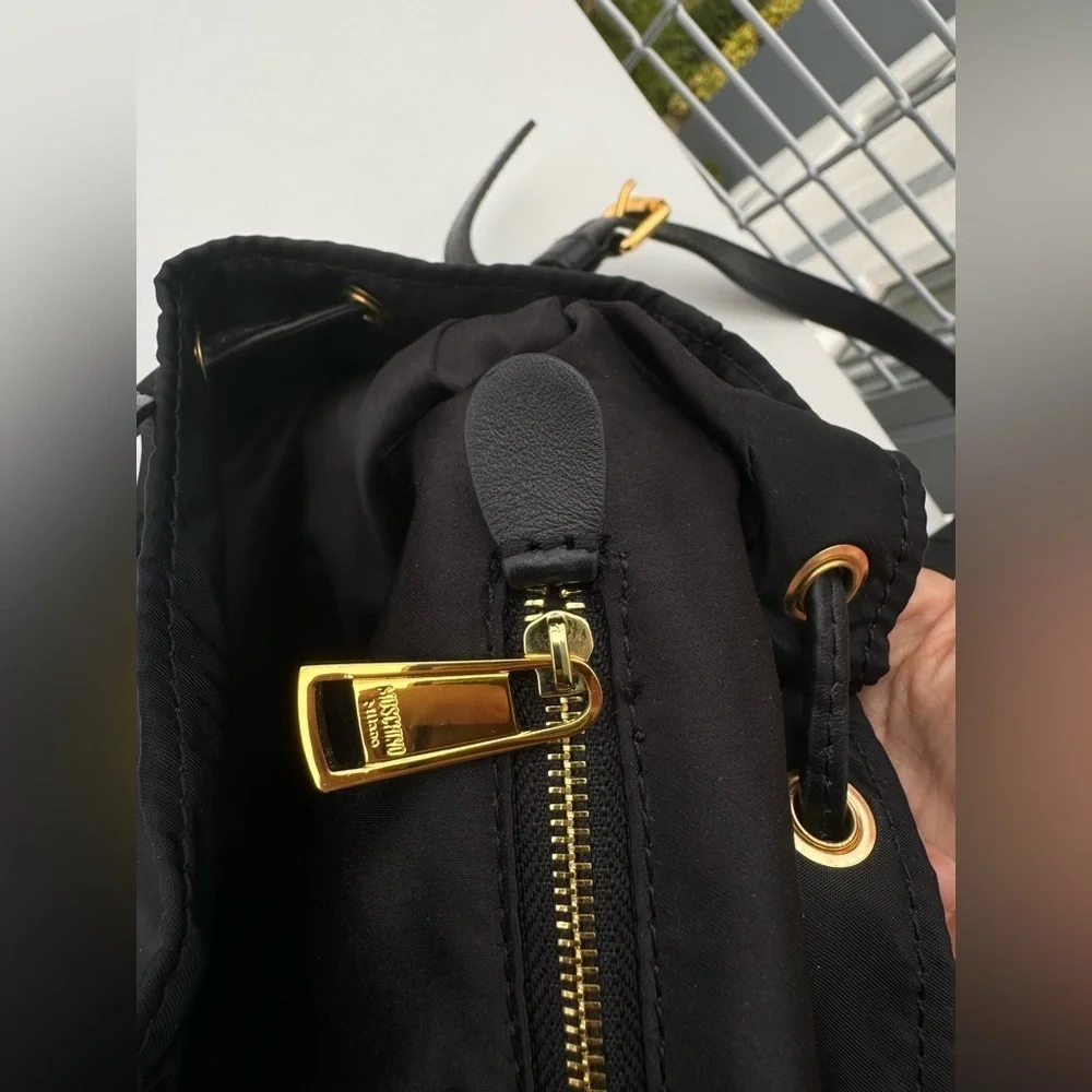 Moschino Couture Black Nylon Leather Gold Chain Backpack